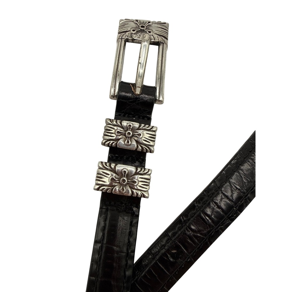 Brighton Skinny Belt Womens M 30 Black Excellent Croc Embossed Silver Hardware